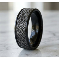Odin Script Men's Wedding Band in Black Titanium and Grey Tantalum - 7.5mm Width by Tantalum