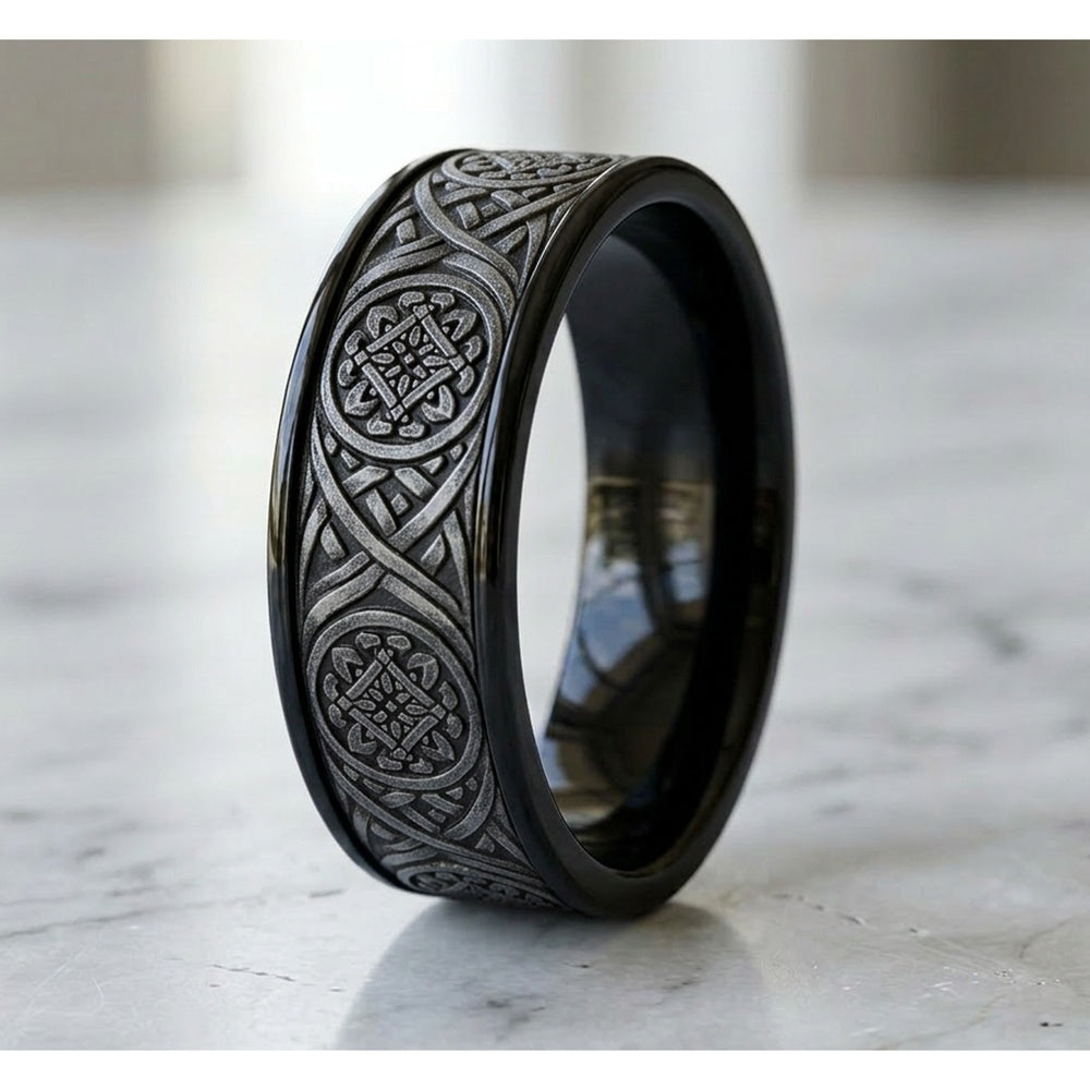 Odin Script Men's Wedding Band in Black Titanium and Grey Tantalum - 7.5mm Width by Tantalum