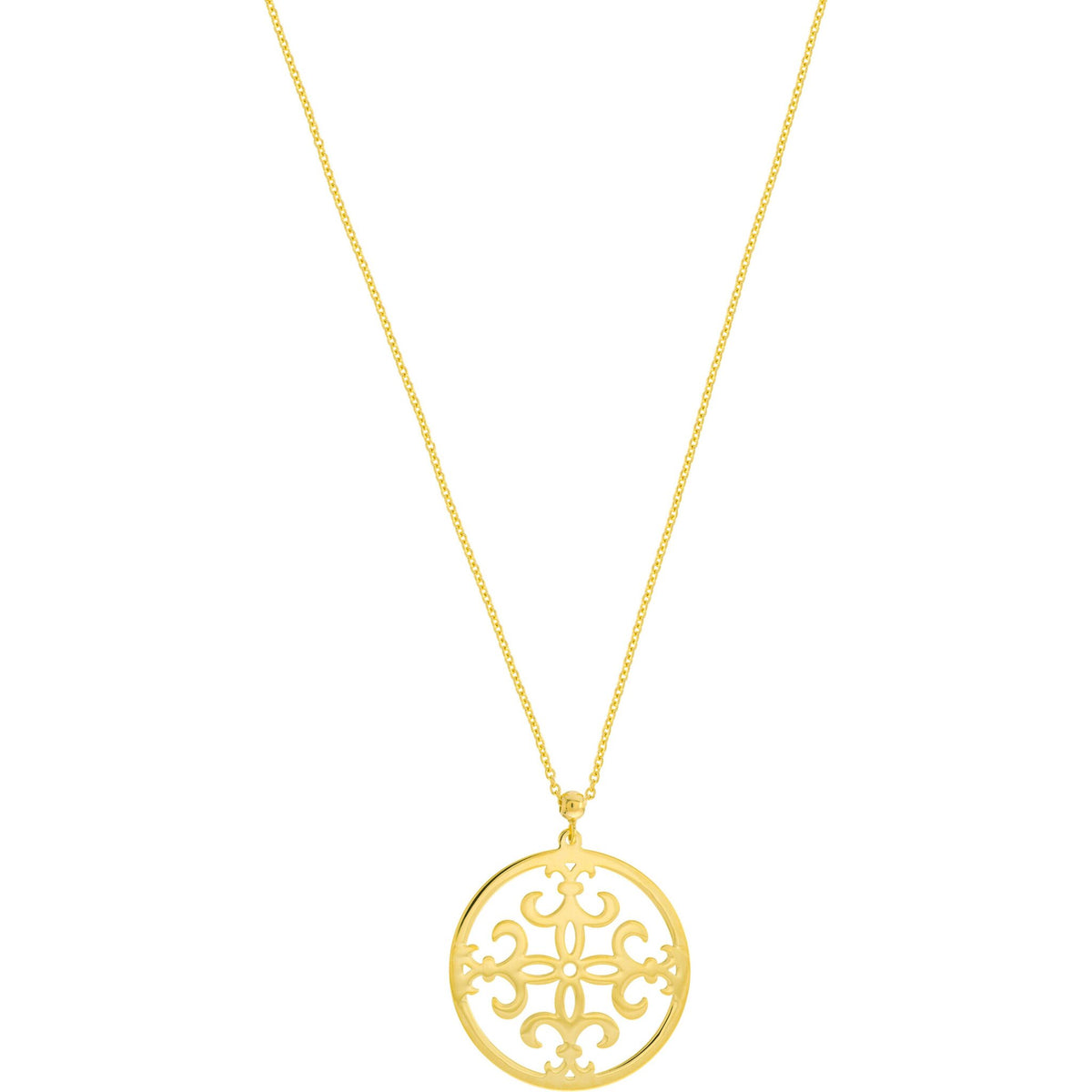 Olas d'Oro 17" Necklace - 14K Yellow Gold Circle Framed Fleur-de-Lis Pendant Necklace