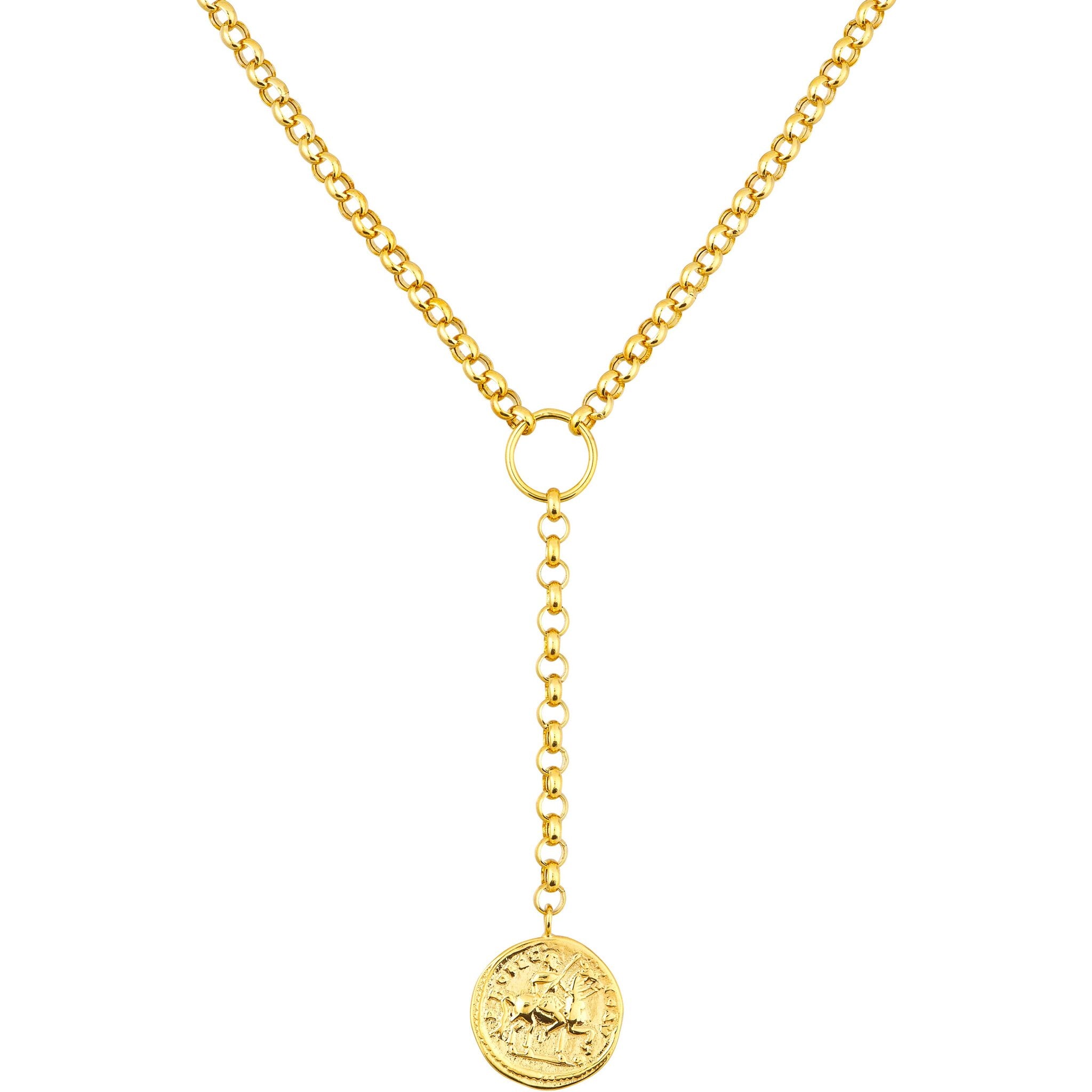 Olas d'Oro 18" Necklace - 14K Yellow Gold Ancient Coin Y-Necklace on Rolo Chain