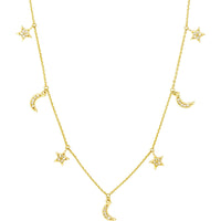 Olas d'Oro 18" Necklace - 14K Yellow Gold Diamond Star and Moon Dangle Necklace