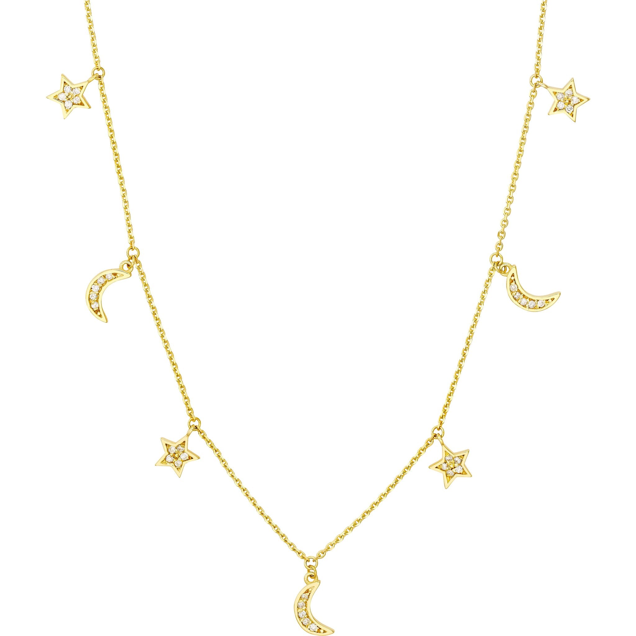 Olas d'Oro 18" Necklace - 14K Yellow Gold Diamond Star and Moon Dangle Necklace