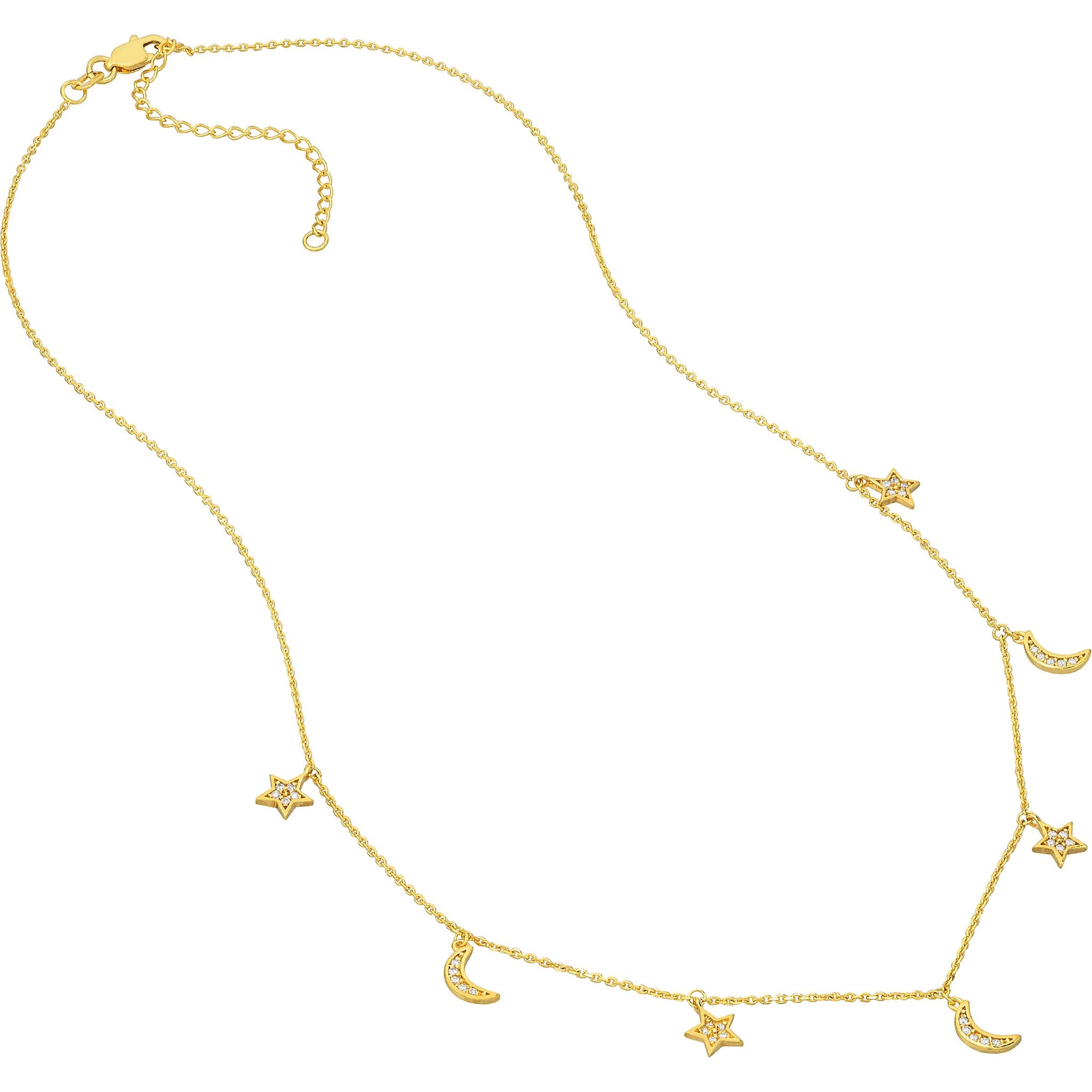 Olas d'Oro 18" Necklace - 14K Yellow Gold Diamond Star and Moon Dangle Necklace