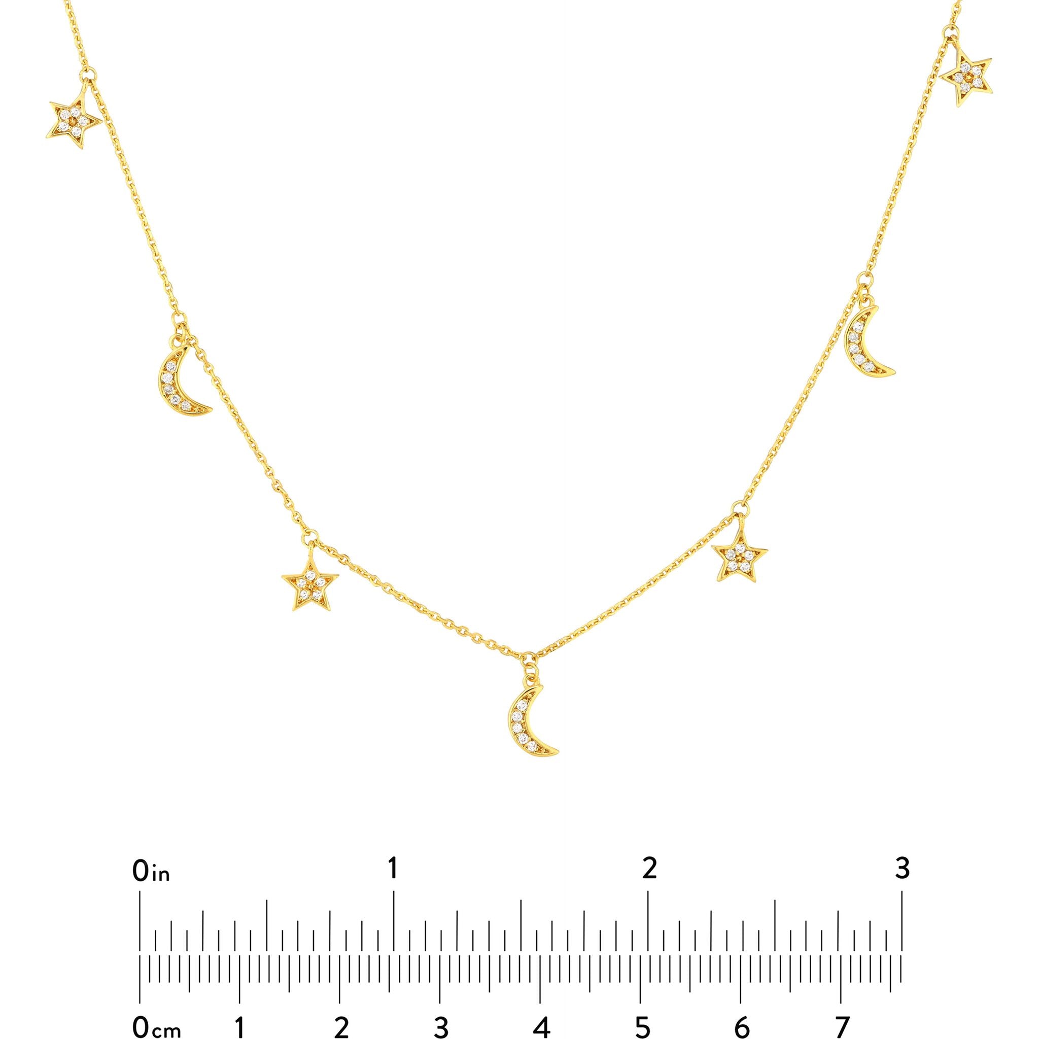 Olas d'Oro 18" Necklace - 14K Yellow Gold Diamond Star and Moon Dangle Necklace