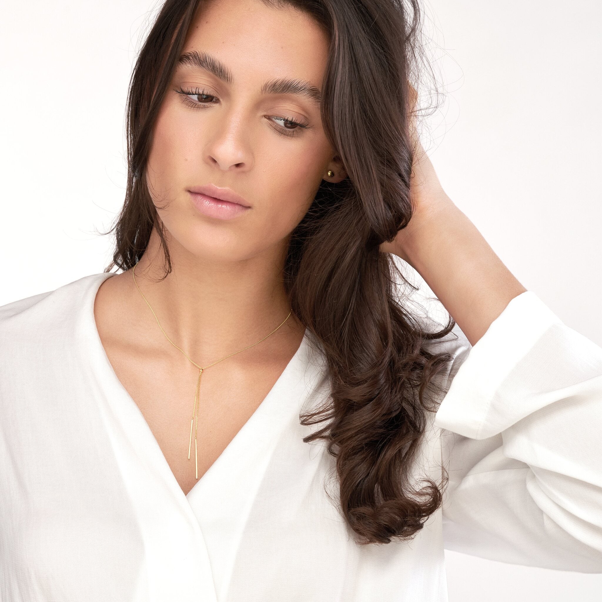 Olas d'Oro 18" Necklace - 14K Yellow Gold Double Staple Bar Lariat Necklace