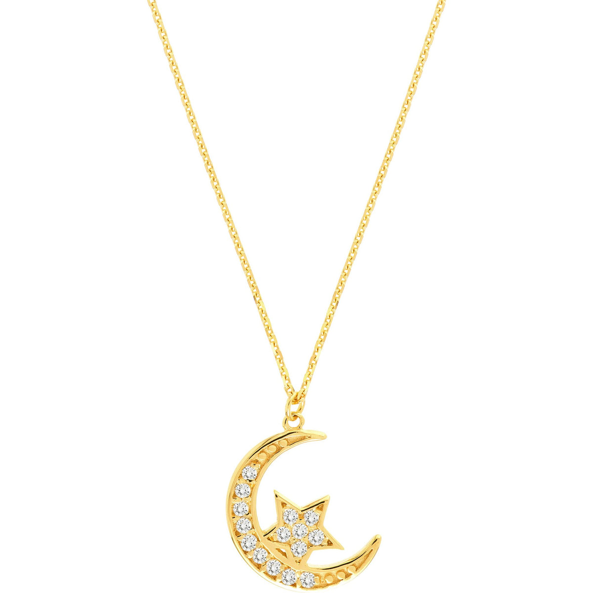 Olas d'Oro 18" Necklace - 14K Yellow Gold Moon-Hugging Star Diamond Pendant Necklace