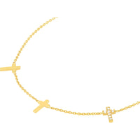 Olas d'Oro 18" Necklace - 14K Yellow Gold Triple Cross with Diamond Necklace