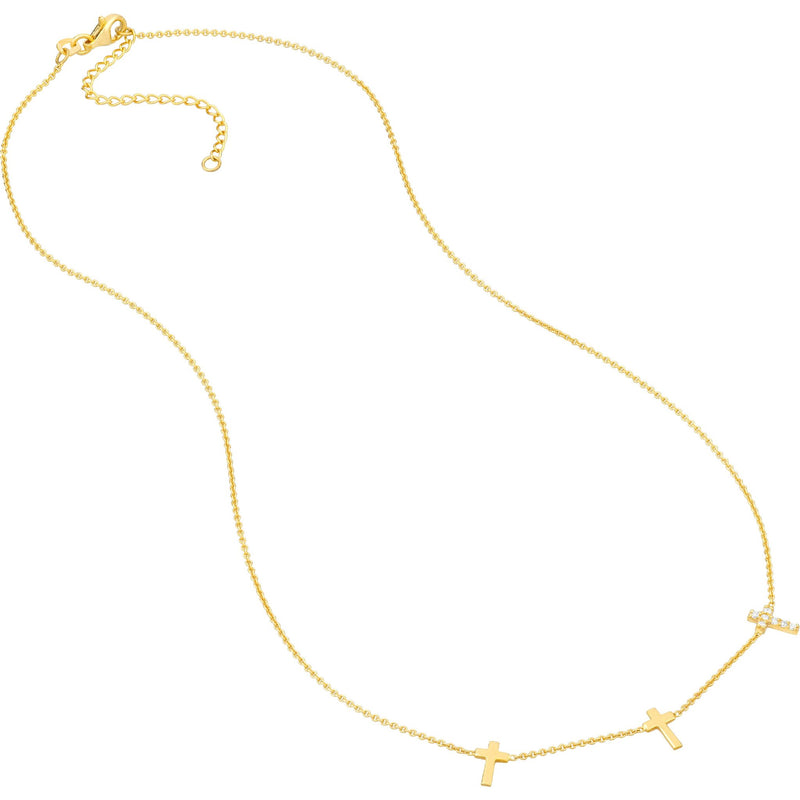 Olas d'Oro 18" Necklace - 14K Yellow Gold Triple Cross with Diamond Necklace