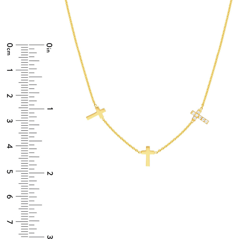 Olas d'Oro 18" Necklace - 14K Yellow Gold Triple Cross with Diamond Necklace