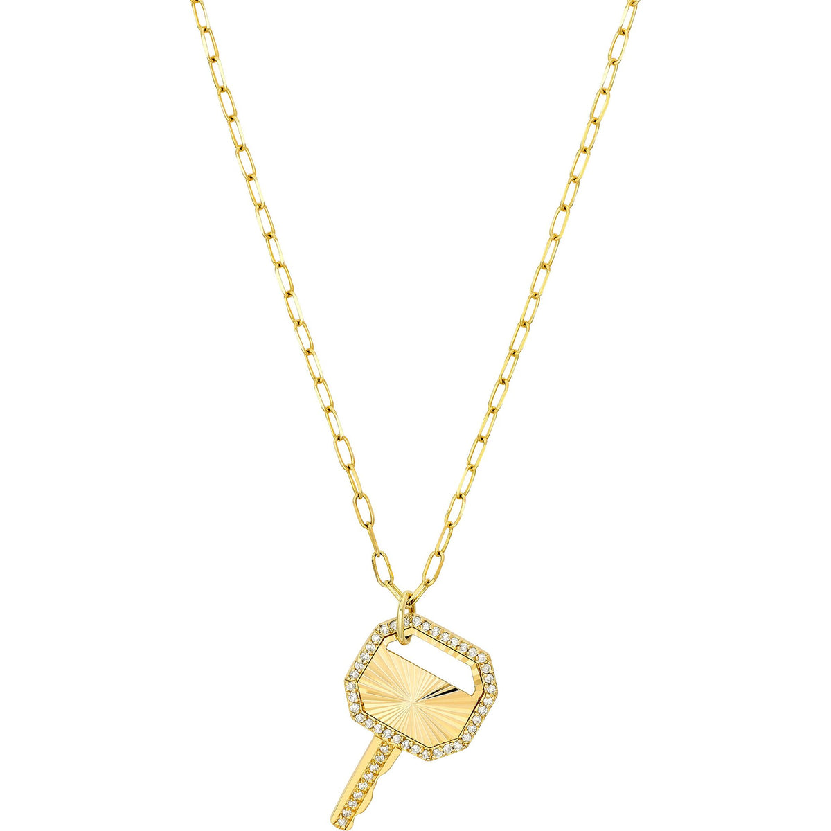 Olas d'Oro 20" Necklace - 14K Yellow Gold Fluted Diamond Frame Key Pendant on Paper Clip Chain