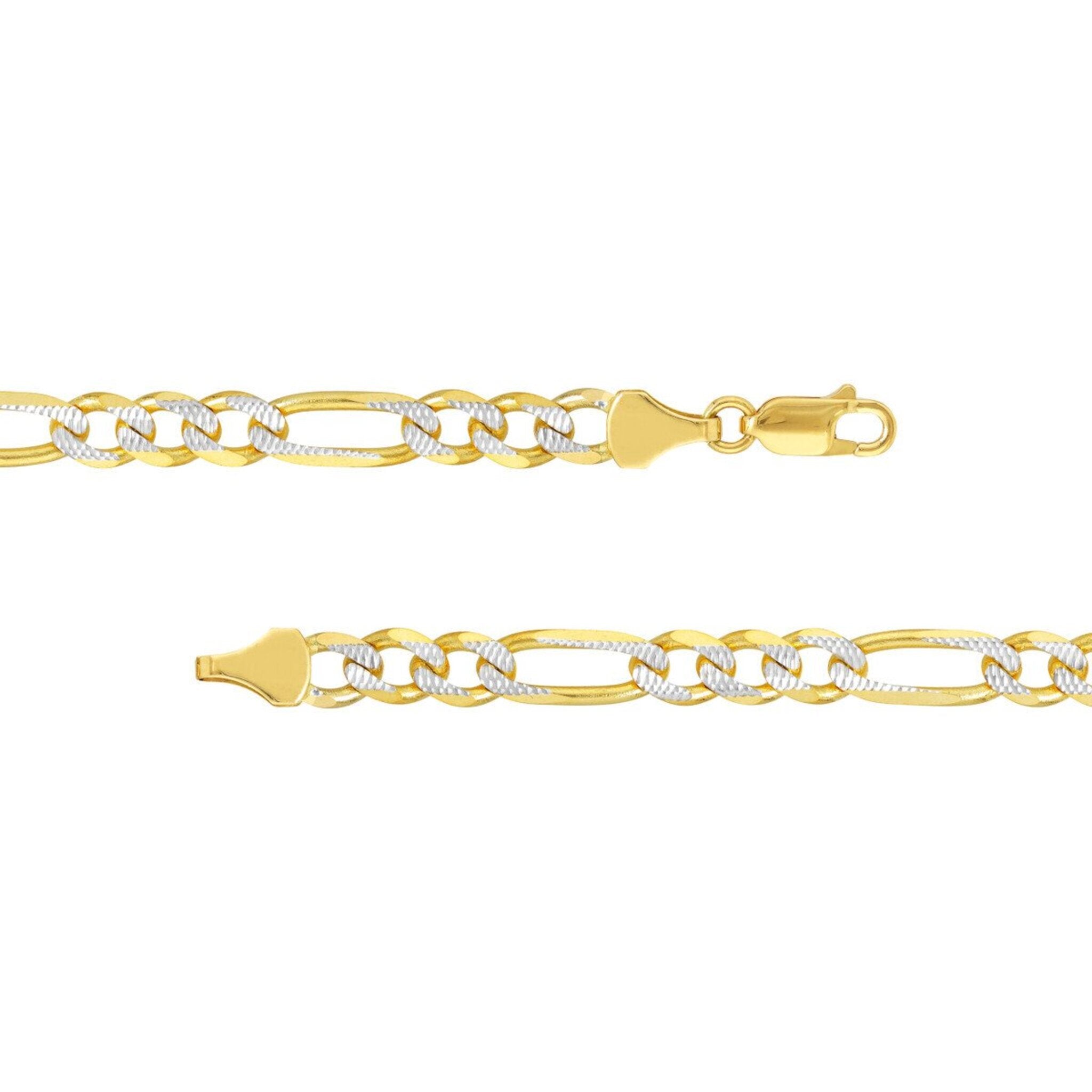 Olas d'Oro 22" Necklace - 14K Yellow/White Gold 5.8mm Two-Tone Pave Figaro Chain with Lobster Lock