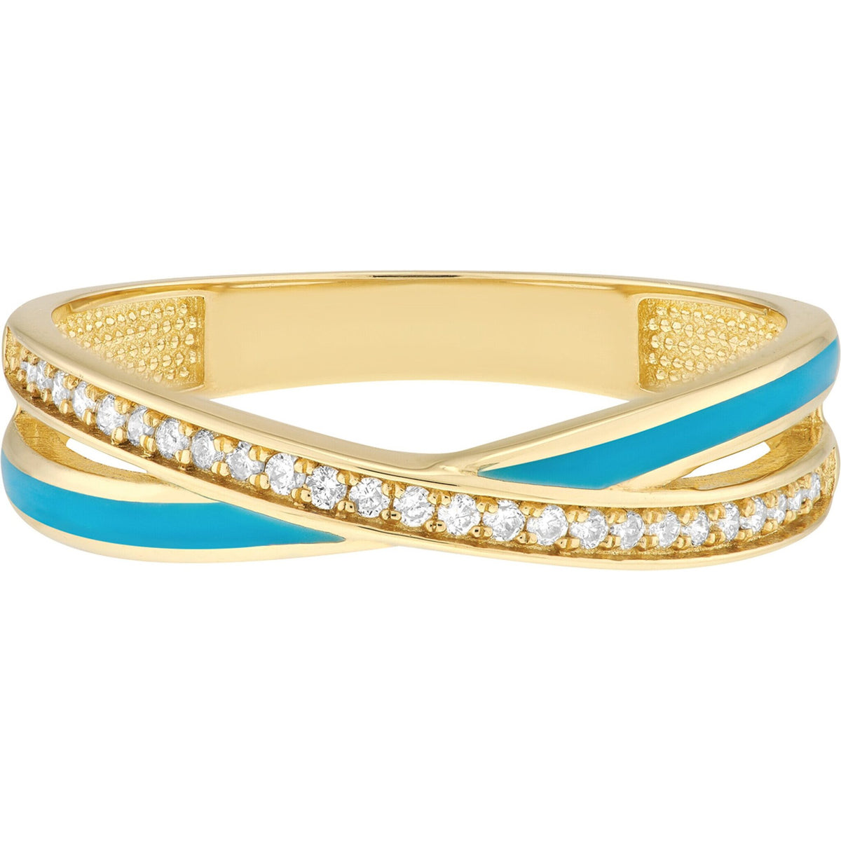 Olas d'Oro 6" Ring - 14K Yellow Gold Diamond and Neon Blue Enamel X Ring