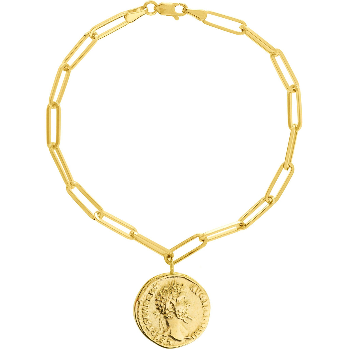 Olas d'Oro 7.25" Bracelet - 14K Yellow Gold Antique Coin on Long Link Chain Bracelet