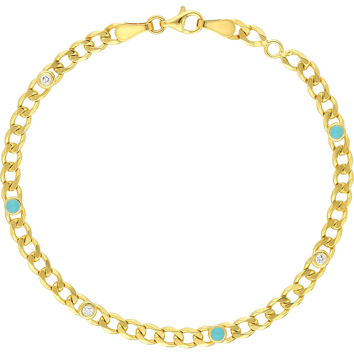 Olas d'Oro 7.5" Bracelet - 14K Yellow Gold Diamond & Turquoise Enamel Curb Chain Bracelet