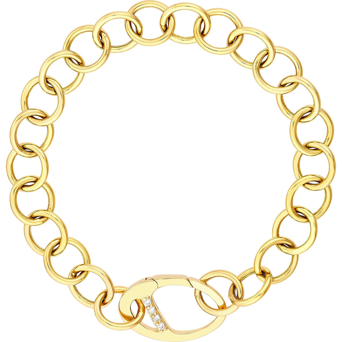 Olas d'Oro 7.5" Bracelet - 14K Yellow Gold Round Link Bracelet with Diamond Push Lock
