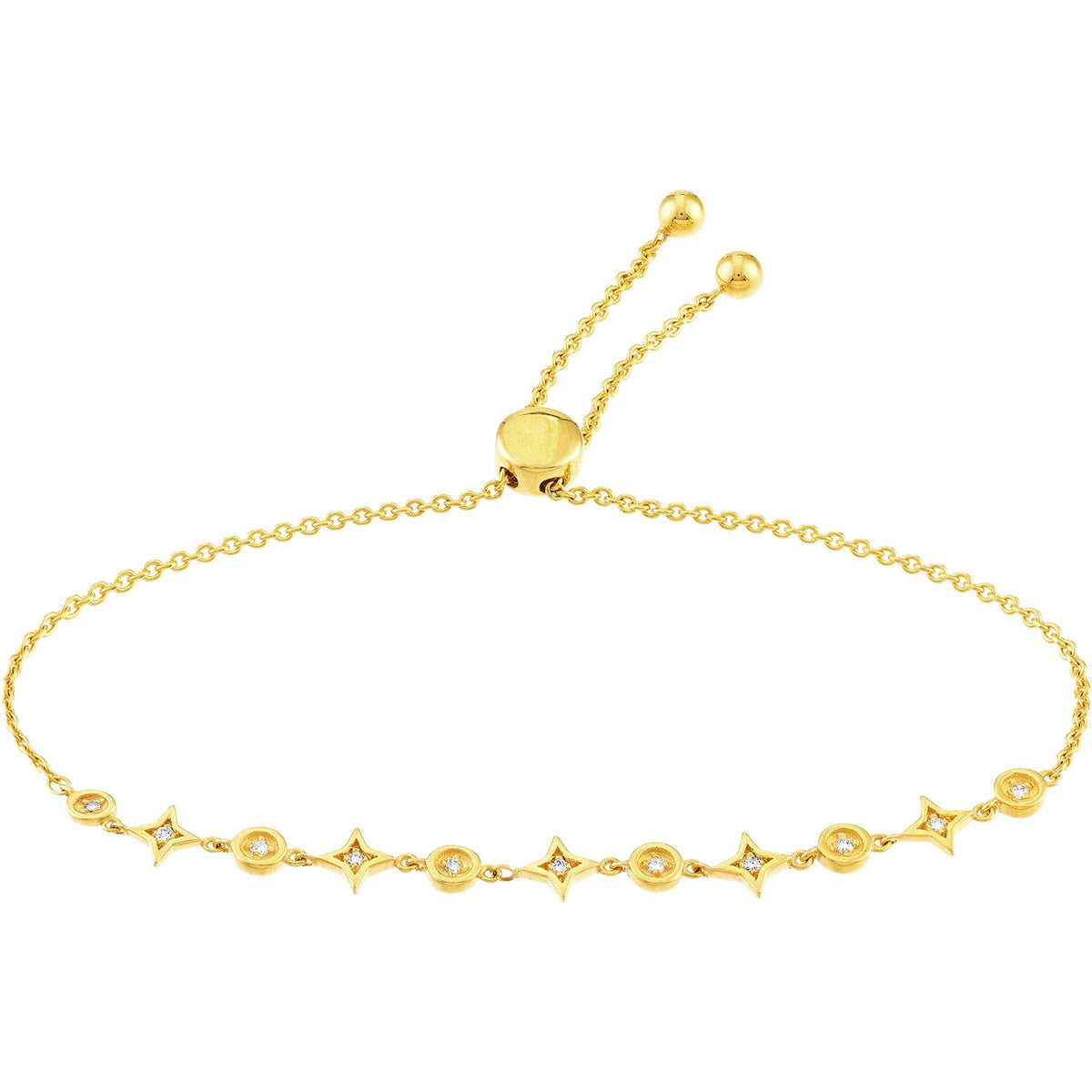 Olas d'Oro 9.5" Bracelet - 14K Yellow Gold Circle and Star 1/8ct Diamond Bolo Bracelet