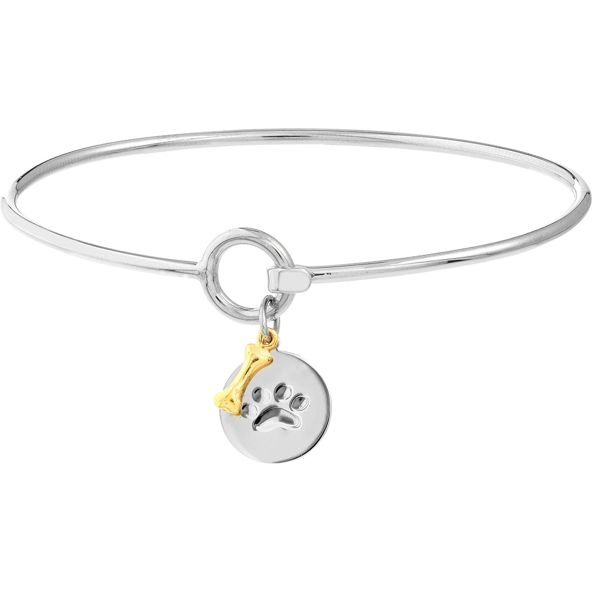 Olas d'Oro Bracelet - 14K White and Gold Gold Sterling Silver Paw Bangle with Dog Bone Dangle