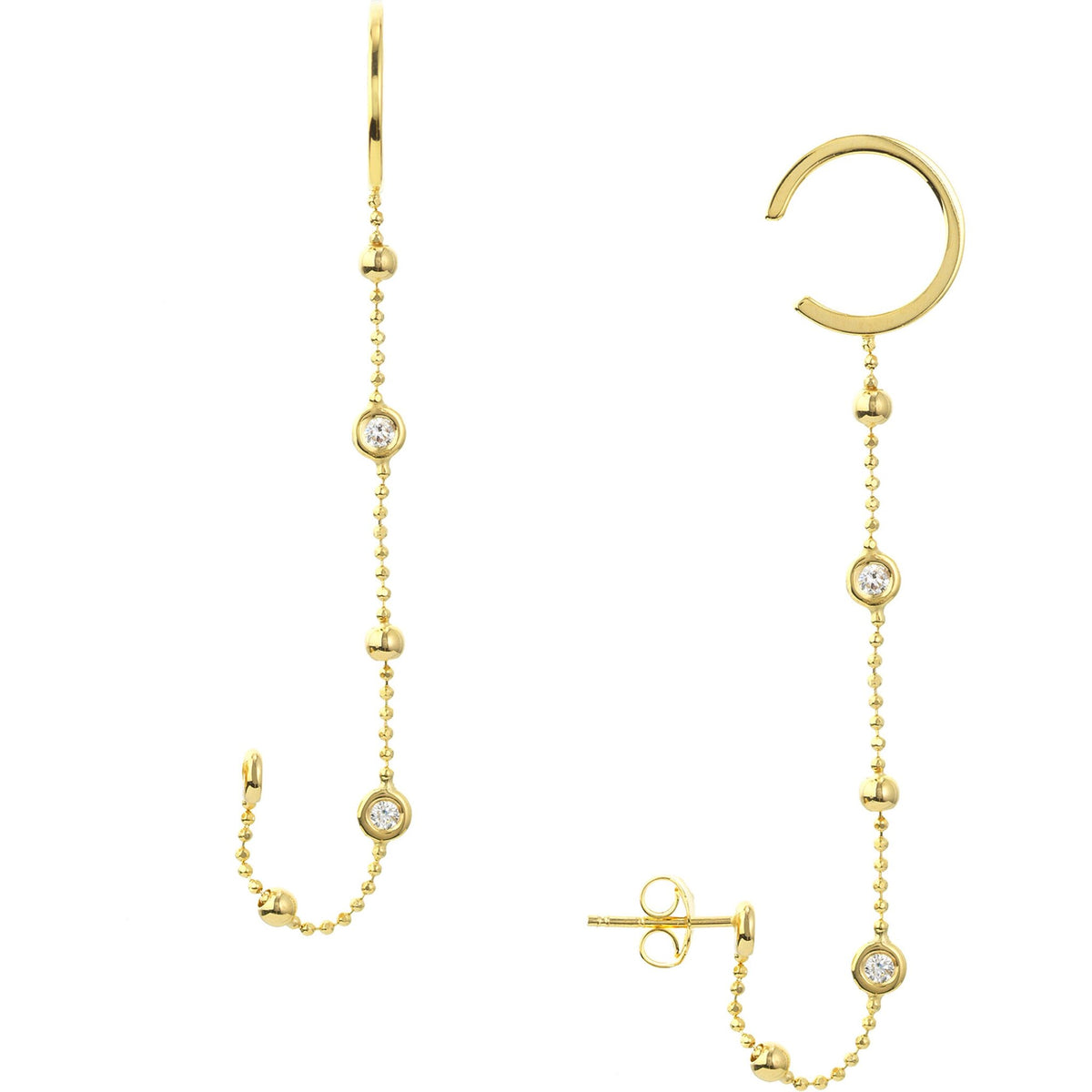 Olas d'Oro Earrings - 14K Yellow Gold Ear Cuff with Bead and Diamond Bezel Chain Drop