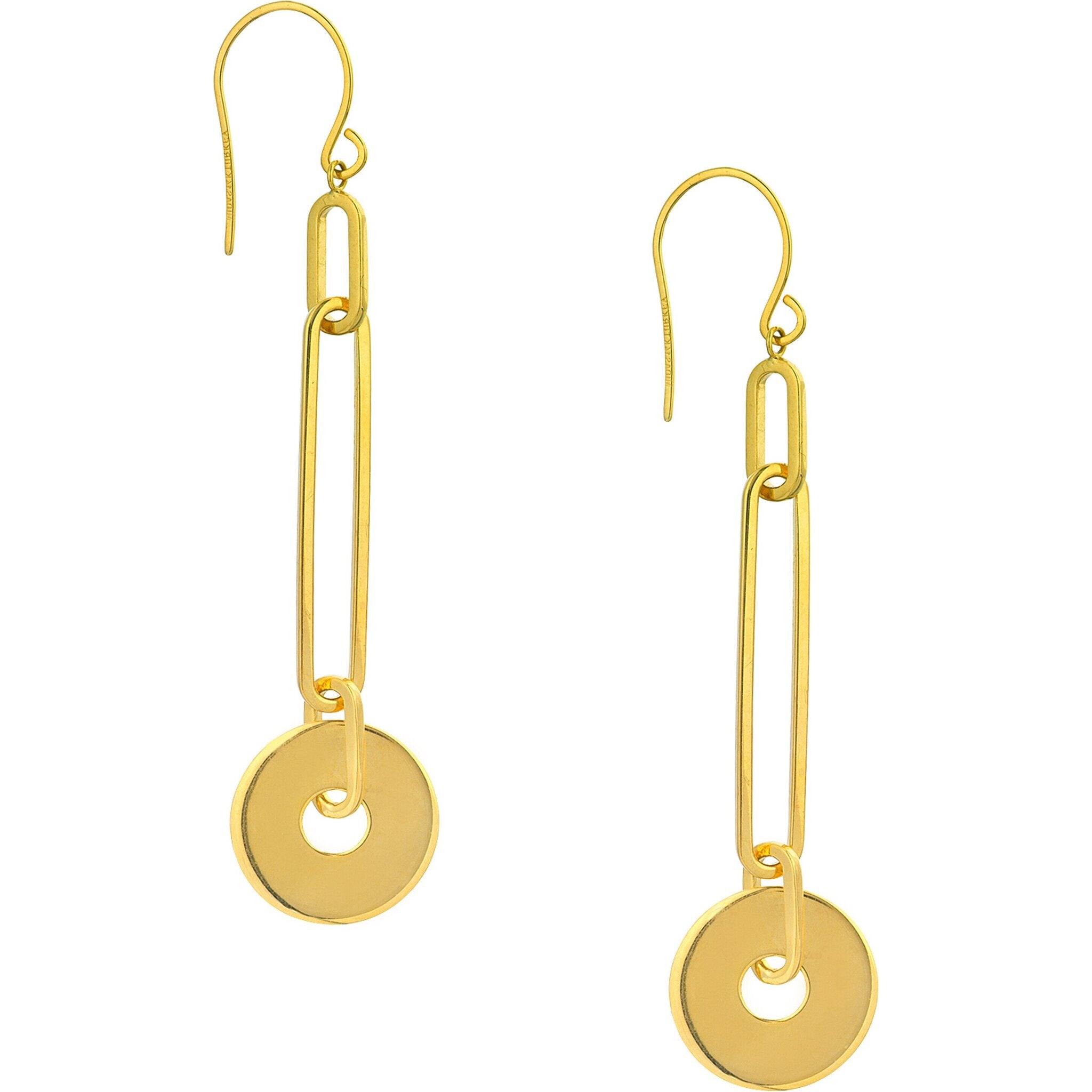 Olas d'Oro Earrings - 14K Yellow Gold Paper Clip Chain and Disk Drop Earrings