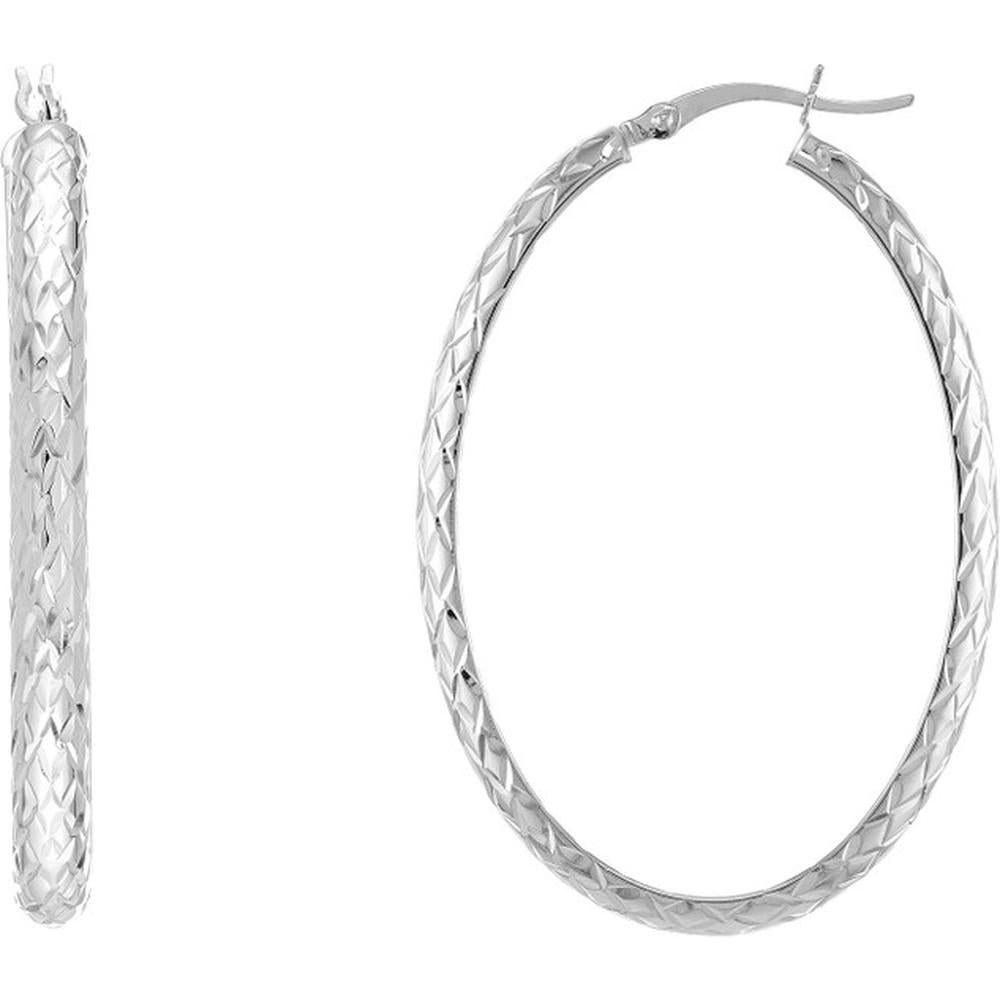 Olas d'Oro - 10K White Gold 4mm x 42mm Diamond-Cut Oval Hoop Earrings - 3.30g Total Weight
