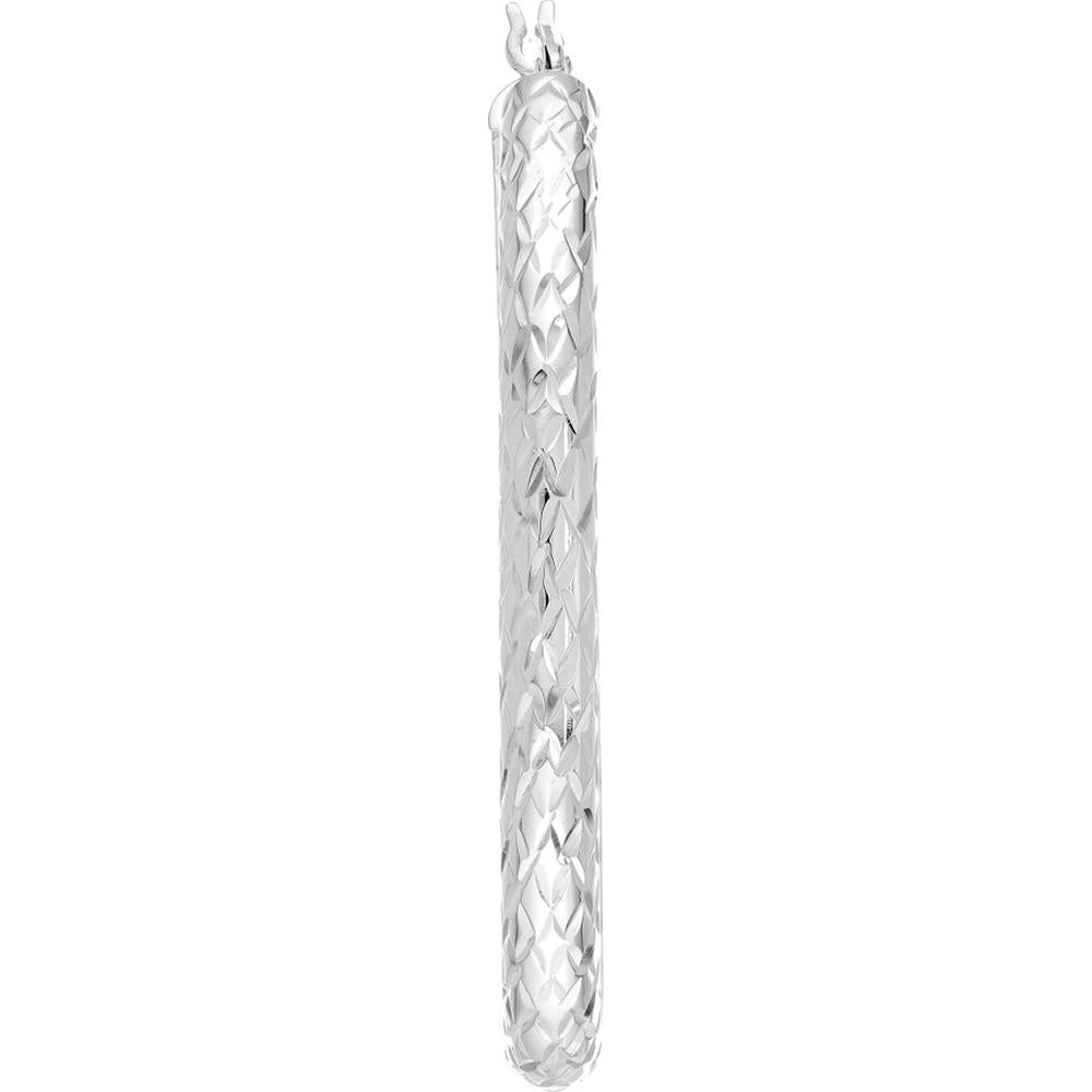 Olas d'Oro - 10K White Gold 4mm x 42mm Diamond-Cut Oval Hoop Earrings - 3.30g Total Weight