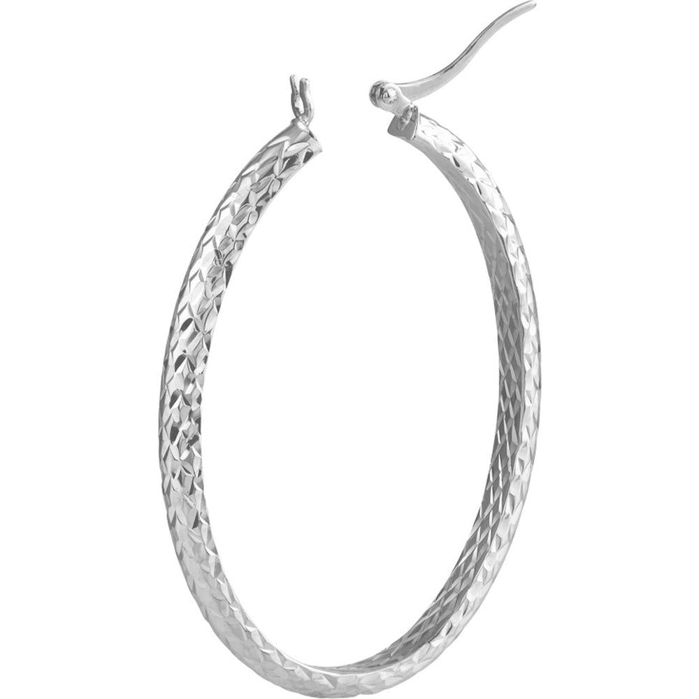 Olas d'Oro - 10K White Gold 4mm x 42mm Diamond-Cut Oval Hoop Earrings - 3.30g Total Weight