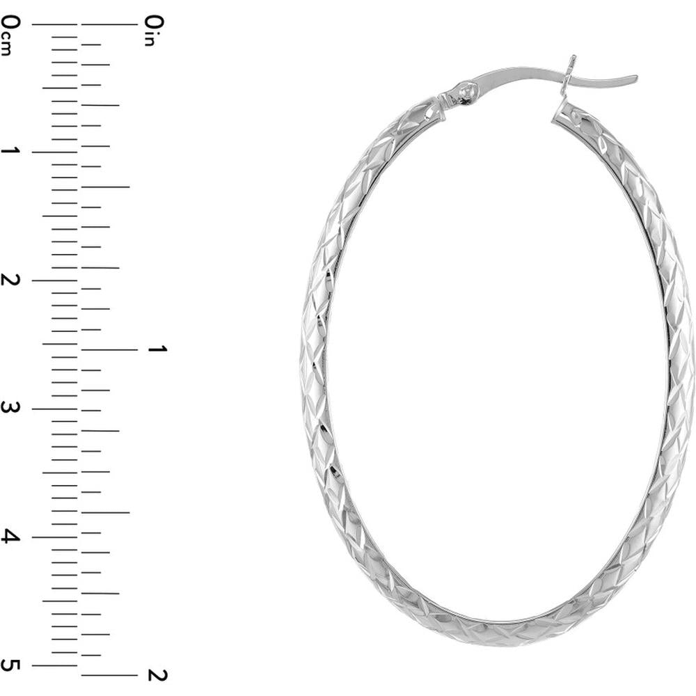 Olas d'Oro - 10K White Gold 4mm x 42mm Diamond-Cut Oval Hoop Earrings - 3.30g Total Weight