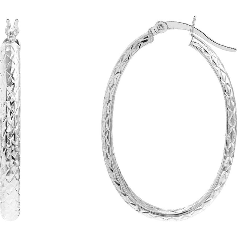 Olas d'Oro - 10K White Gold Diamond-Cut Oval Hoop Earrings - 3mm x 32mm