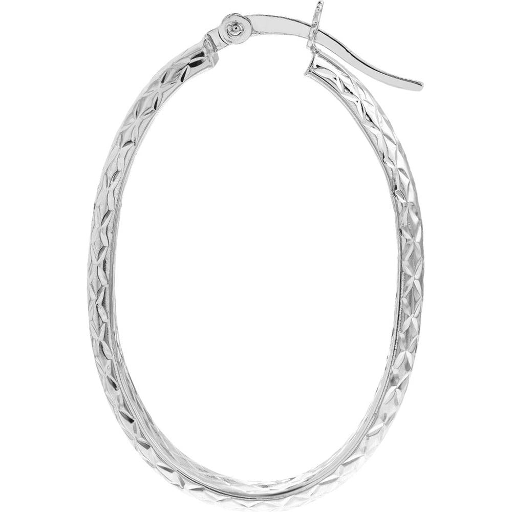 Olas d'Oro - 10K White Gold Diamond-Cut Oval Hoop Earrings - 3mm x 32mm
