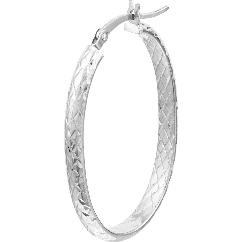 Olas d'Oro - 10K White Gold Diamond-Cut Oval Hoop Earrings - 3mm x 32mm