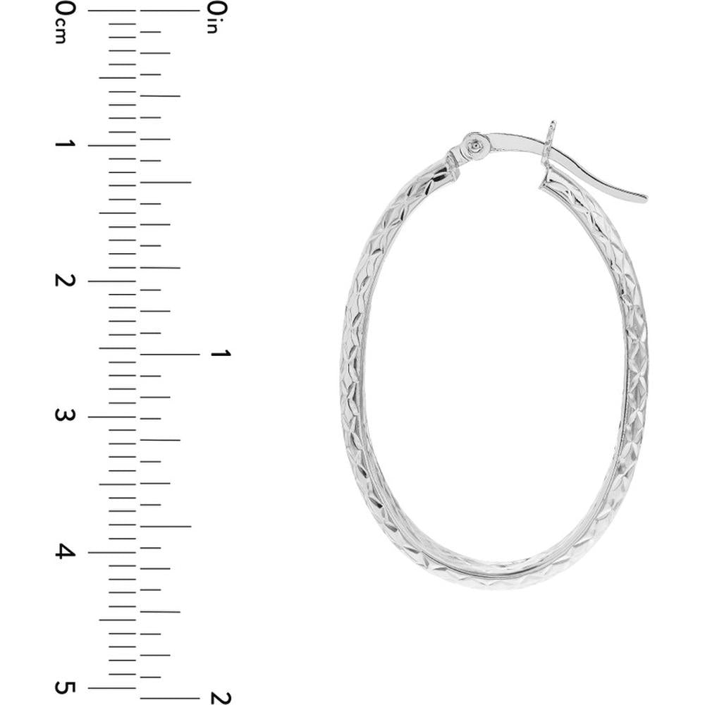 Olas d'Oro - 10K White Gold Diamond-Cut Oval Hoop Earrings - 3mm x 32mm