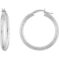 Olas d'Oro - 10K White Gold Large Hoop Earrings with Diamond-Cut Detailing 1.75 Grams Total Weight