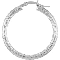Olas d'Oro - 10K White Gold Large Hoop Earrings with Diamond-Cut Detailing 1.75 Grams Total Weight