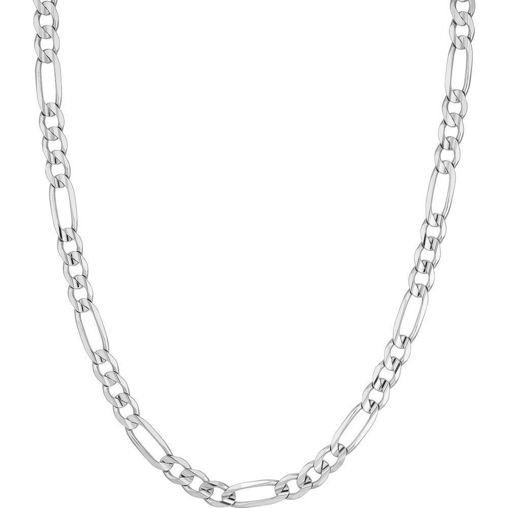 Olas d'Oro - 10K White Gold Light Concave Figaro Chain Necklace - 30 inches, Pear Shape Lock EndCap, 42.34 Grams Weight