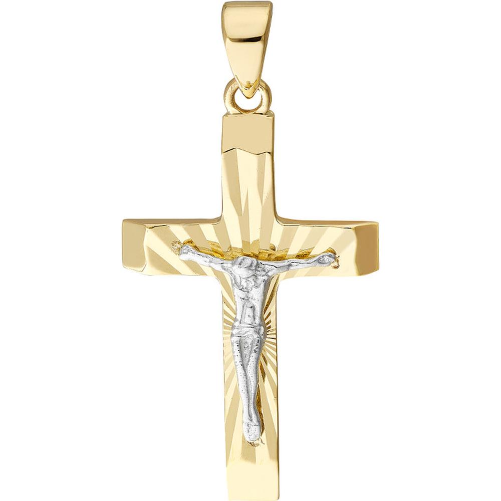 Olas d'Oro - 10K Yellow and White Gold Diamond-Cut Two-Tone Cross Pendant with Jesus Crucifix - 14.7mm