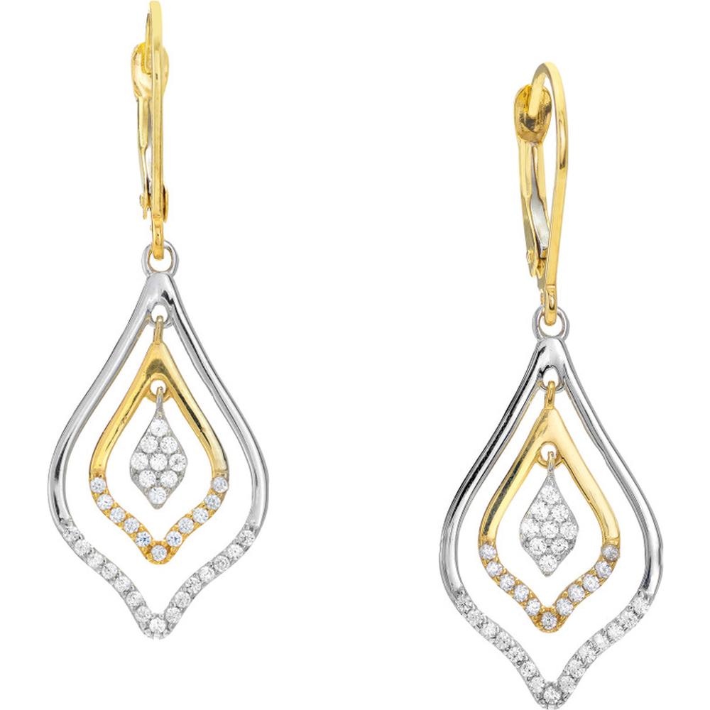 Olas d'Oro - 10K Yellow and White Gold Two-Tone CZ Double Framed Leaf Drop Earrings - 2.60g
