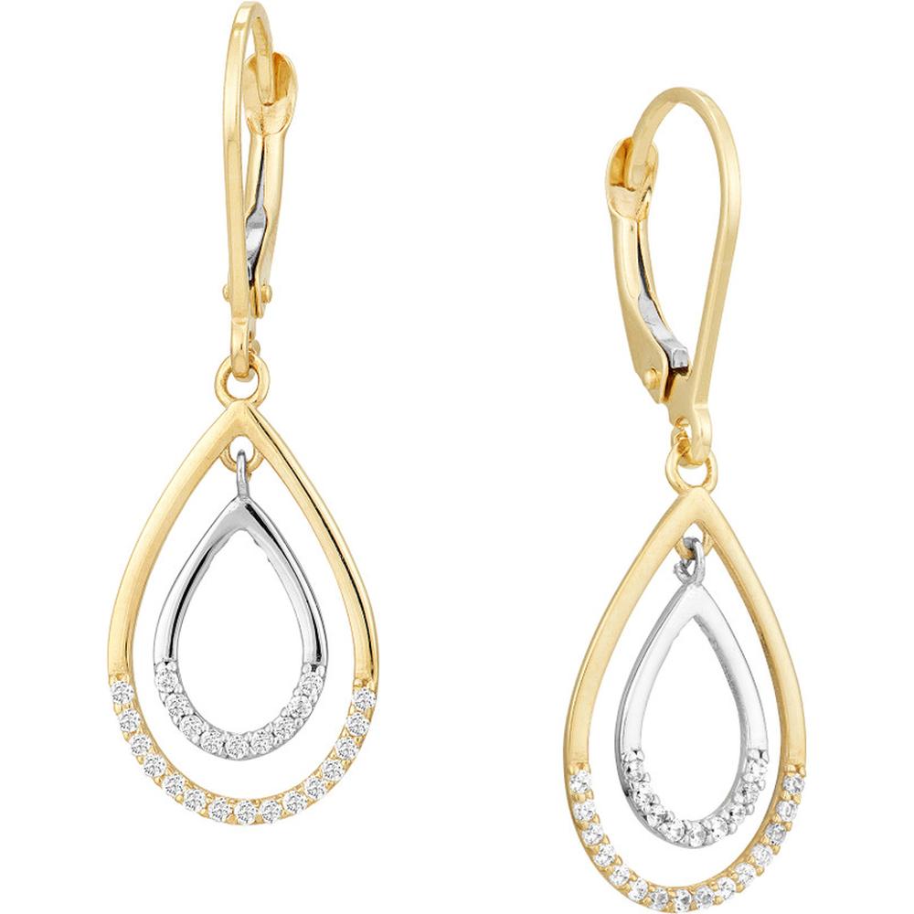 Olas d'Oro - 10K Yellow and White Gold Two-tone CZ Double Framed Teardrop Dangle Earrings - 1.00 Carat Total CZ Weight