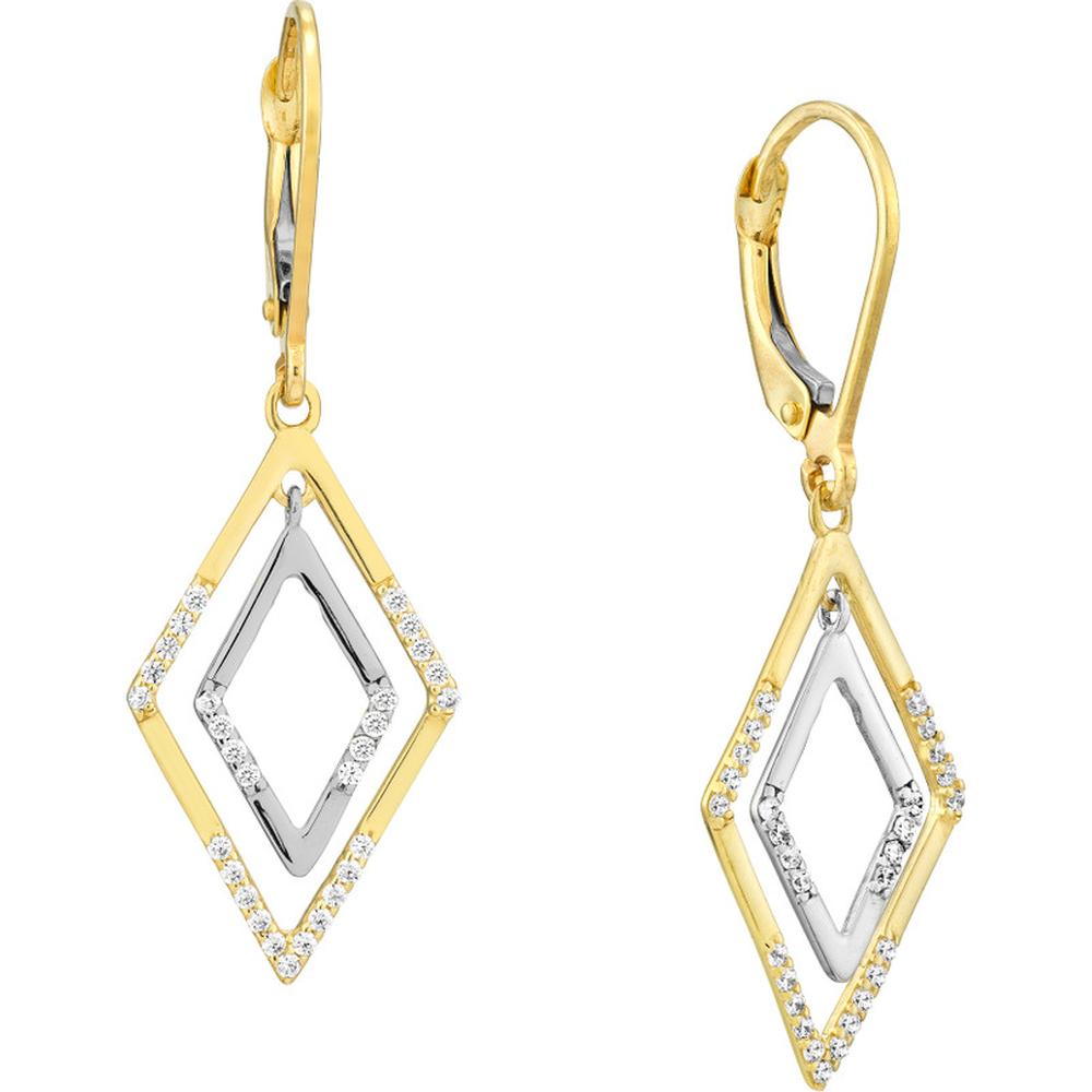 Olas d'Oro - 10K Yellow and White Gold Two-tone CZ Framed Rhombus Drop Earrings
