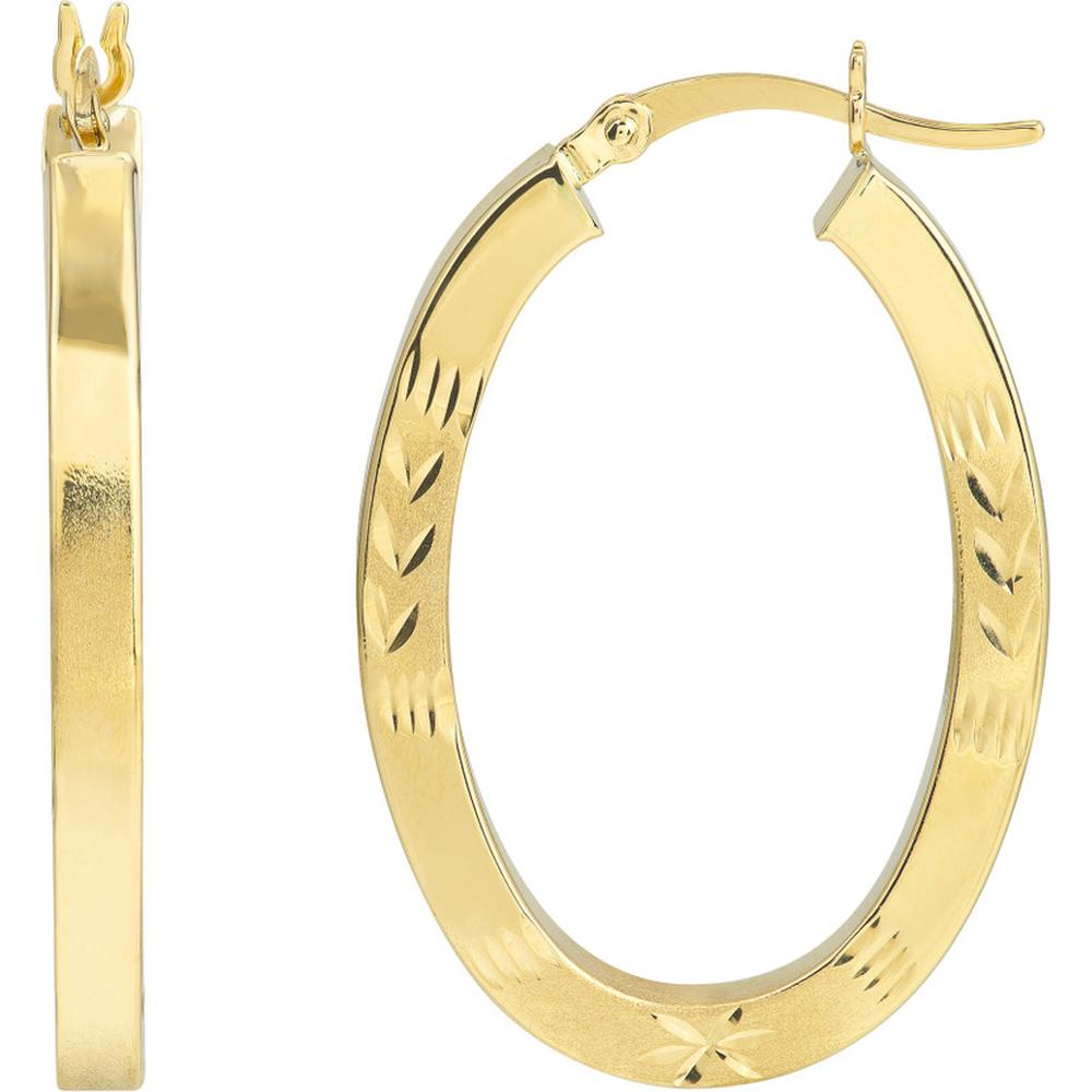 Olas d'Oro - 10K Yellow Gold 30mm Diamond-Cut Oval Hoop Earrings with Satin Finish - 2.85 Grams