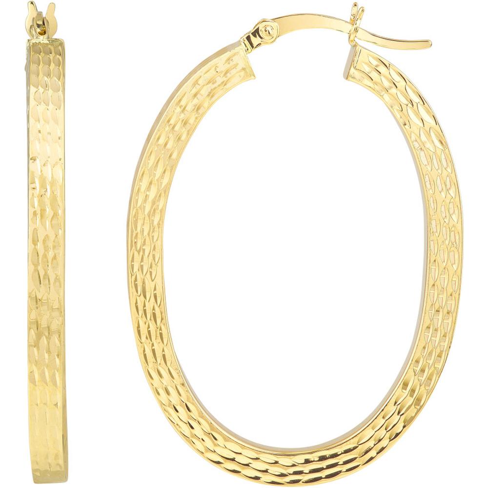 Olas d'Oro - 10K Yellow Gold 35mm Square Tube Diamond-Cut Finish Oval Hoops