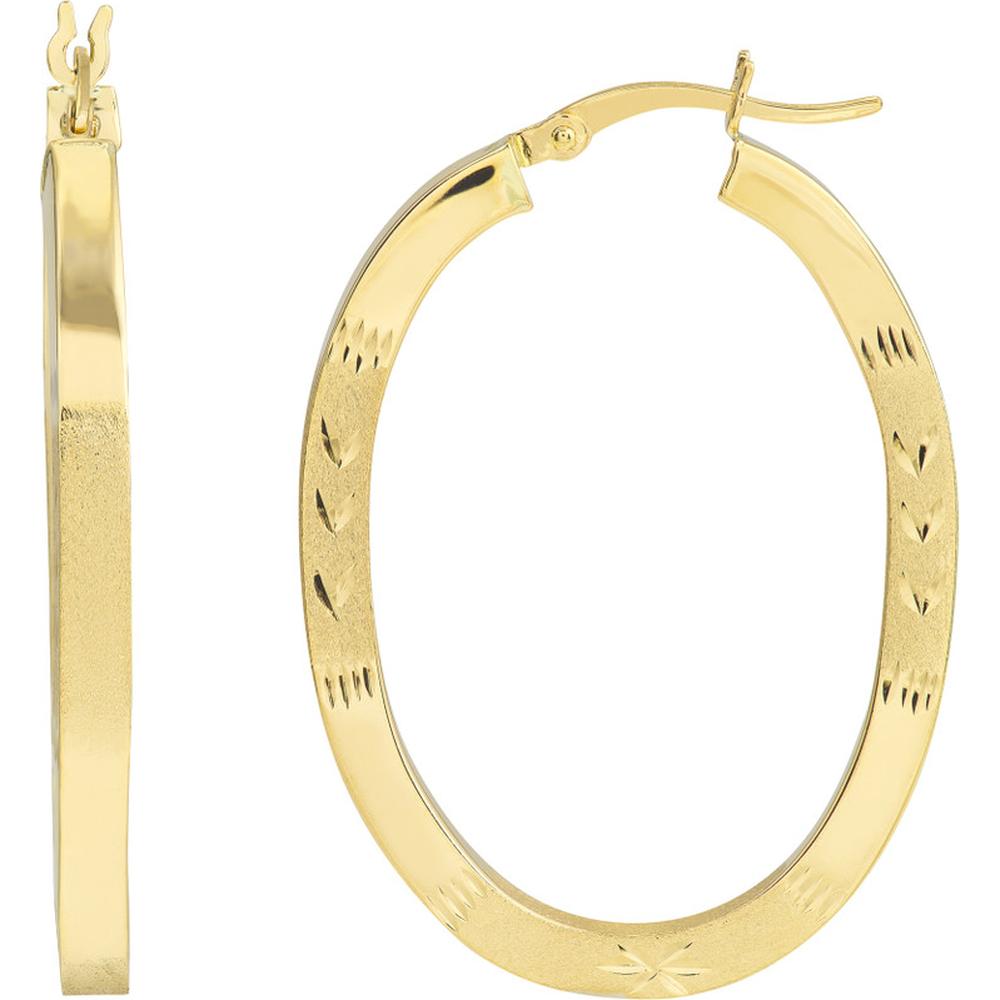 Olas d'Oro - 10K Yellow Gold 35mm Square Tube Diamond-Cut Oval Hoop Earrings - 3.50 Grams