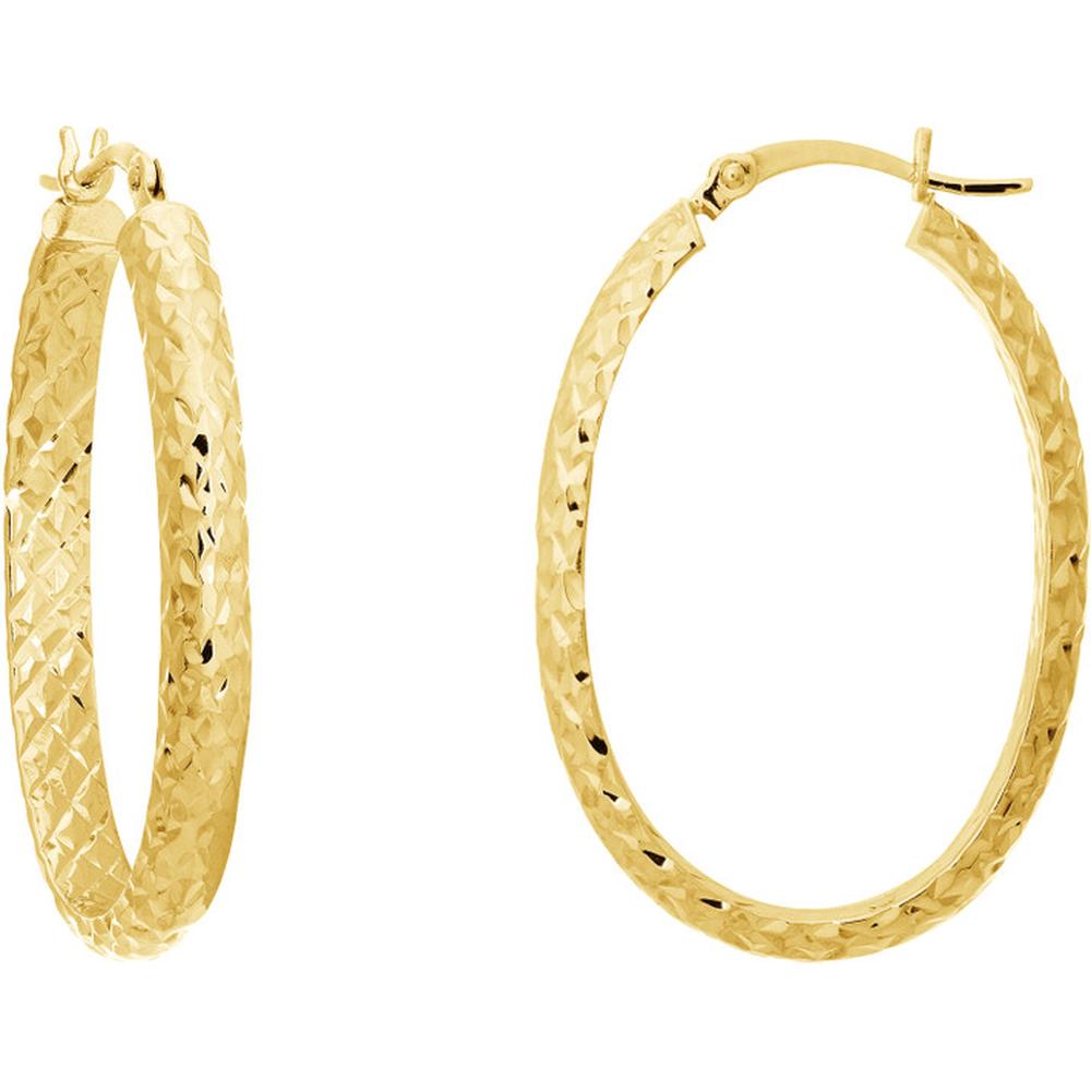 Olas d'Oro - 10K Yellow Gold 4mm x 32mm Diamond-Cut Oval Hoop Earrings - 2.70g Total Weight