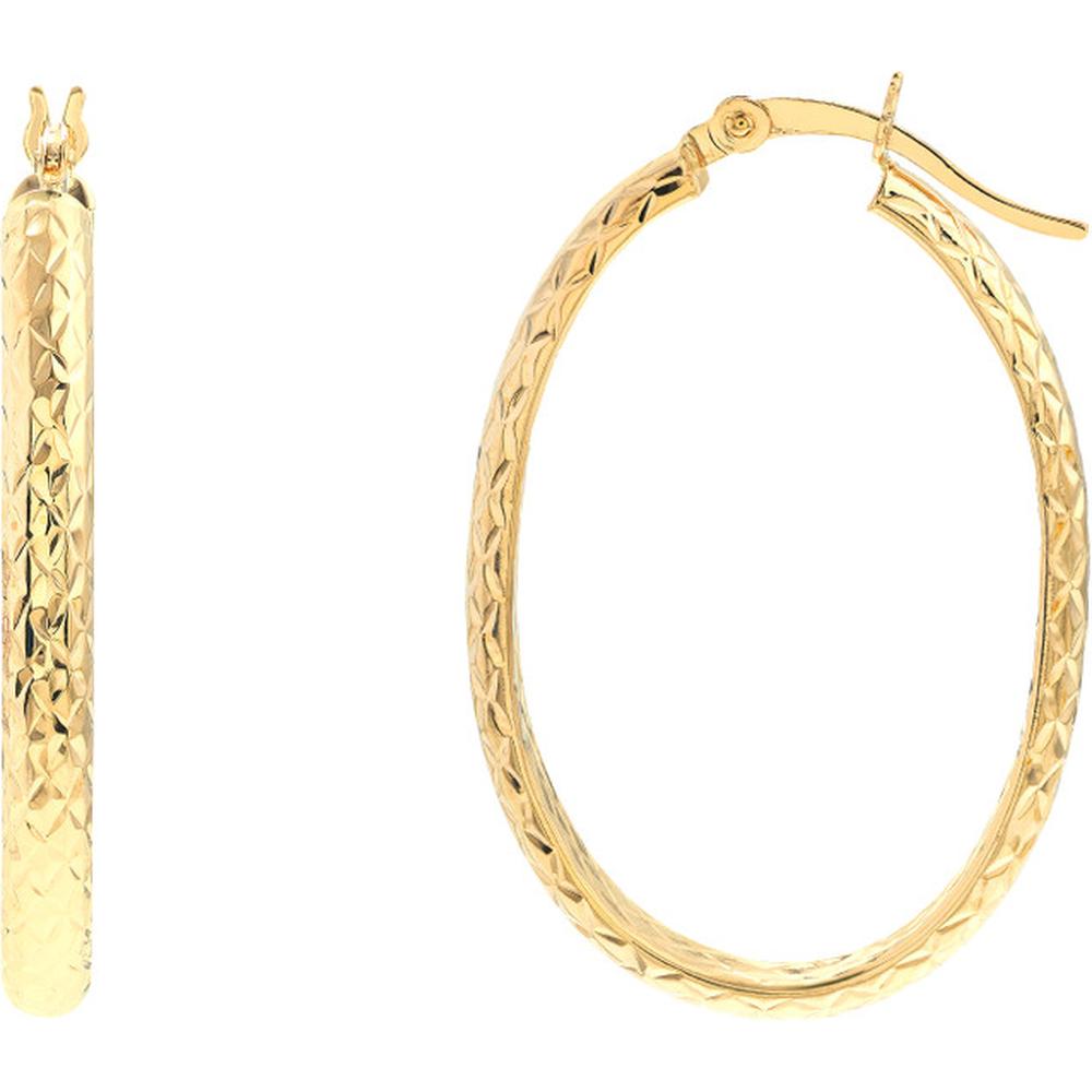 Olas d'Oro - 10K Yellow Gold Diamond-Cut Oval Hoop Earrings - 1.69 Grams Total Weight