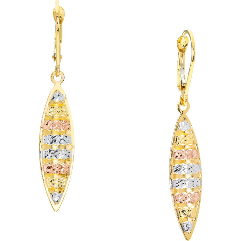 Olas d'Oro - 10K Yellow/Rose/White Gold Tri-Color Striped Marquise Drop Earrings with Diamond Cut Texture - 1.60g Total Weight