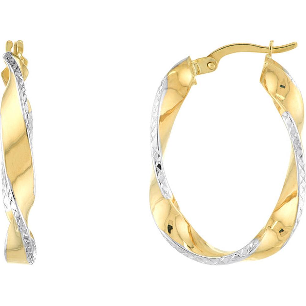 Olas d'Oro - 10K Yellow/White Gold Wide Twisted Diamond Cut Hoop Earrings - Elegant Lightweight Design