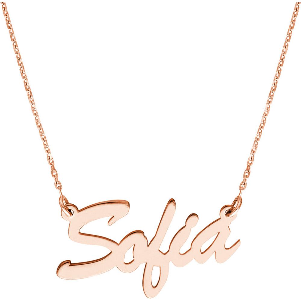 Olas d'Oro - 14K Rose Gold 5mm Brush Font Nameplate Necklace - Adjustable 16 to 18 Inches
