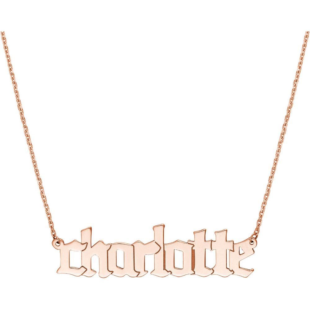 Olas d'Oro - 14K Rose Gold 5mm Gothic Nameplate Necklace - Adjustable 16-18 Inches