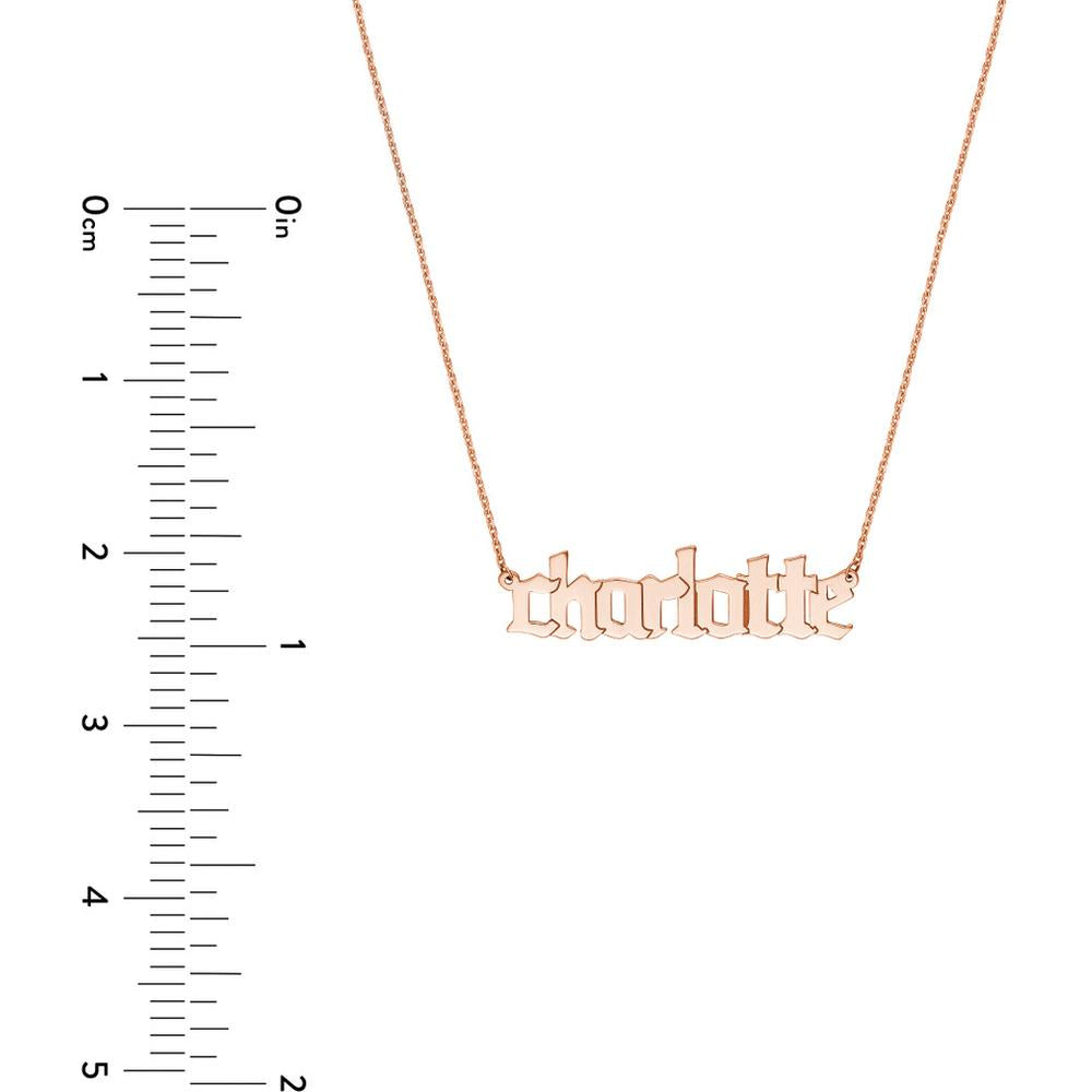 Olas d'Oro - 14K Rose Gold 5mm Gothic Nameplate Necklace - Adjustable 16-18 Inches