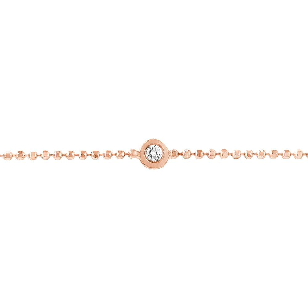 Olas d'Oro - 14K Rose Gold Adjustable Diamond Cut Beaded Chain Bracelet with 0.03 Carat Diamond