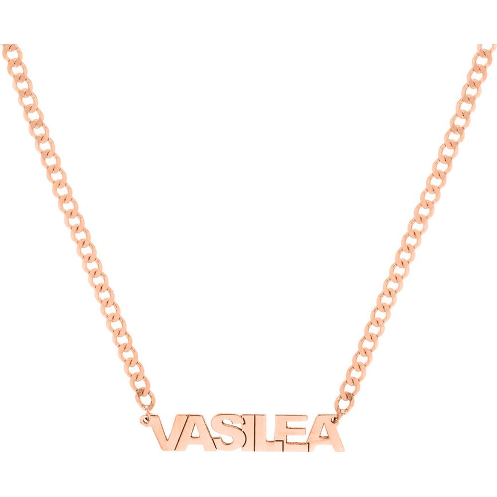 Olas d'Oro - 14K Rose Gold Block Nameplate Curb Chain Necklace - 5mm Block Font with Lobster Clasp - 6.90 Grams